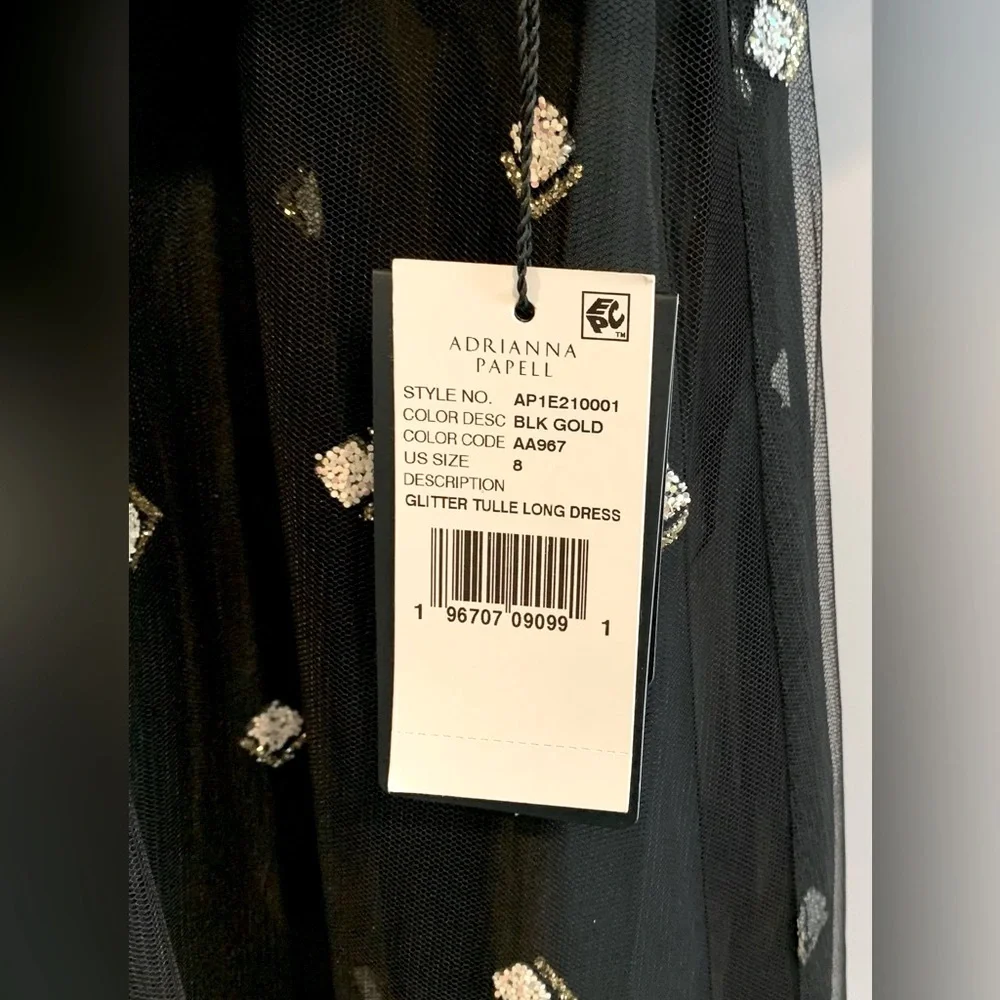 NWT, Adrianna Papell "Glitter Tulle Long Dress" in Black w/ Puff Sleeve, Size 8 - Picture 12 of 12
